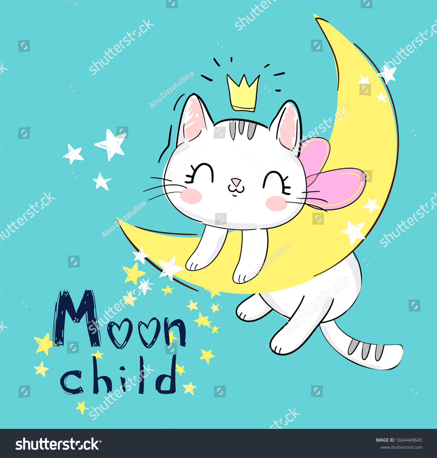 Hand Drawn Cute Magic Cat Kitten Stock Illustration 1664449645