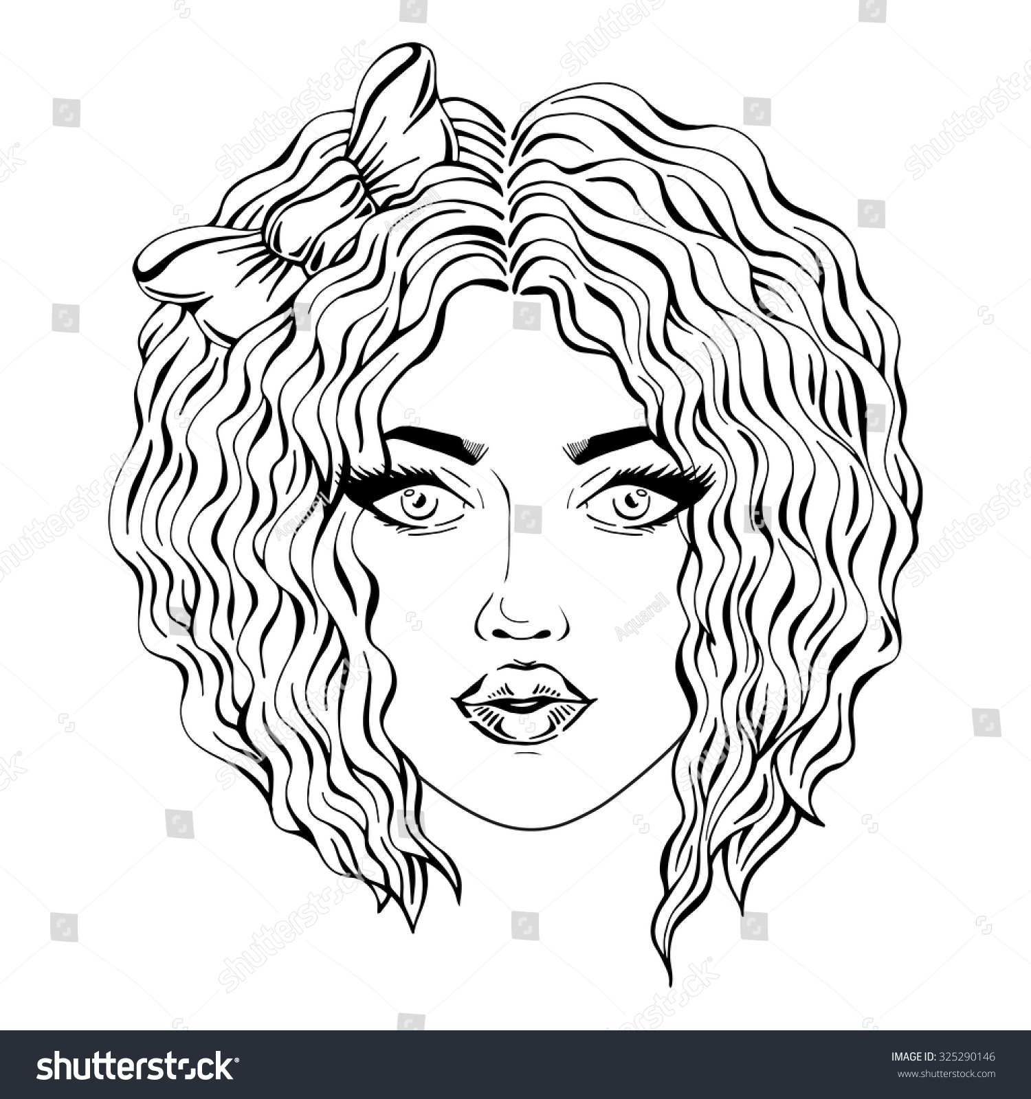 Hand Drawn Girl Face With Curly Hair, Black Outline Graphic Girl ...