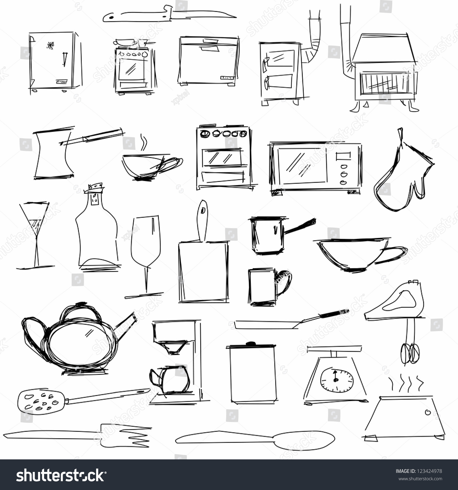 Handdrawn Kitchen Appliances Kitchen Symbols Stock Illustration ...