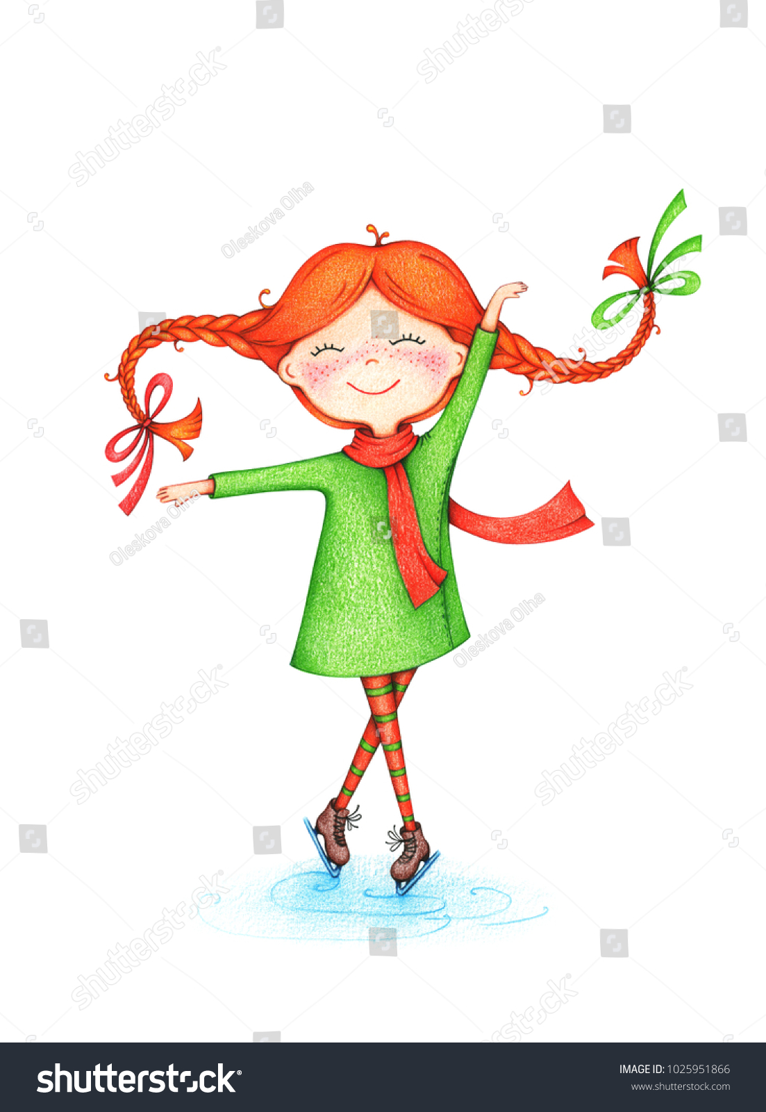 hand drawn picture of girl figure skating on ice by the color pencils on white background