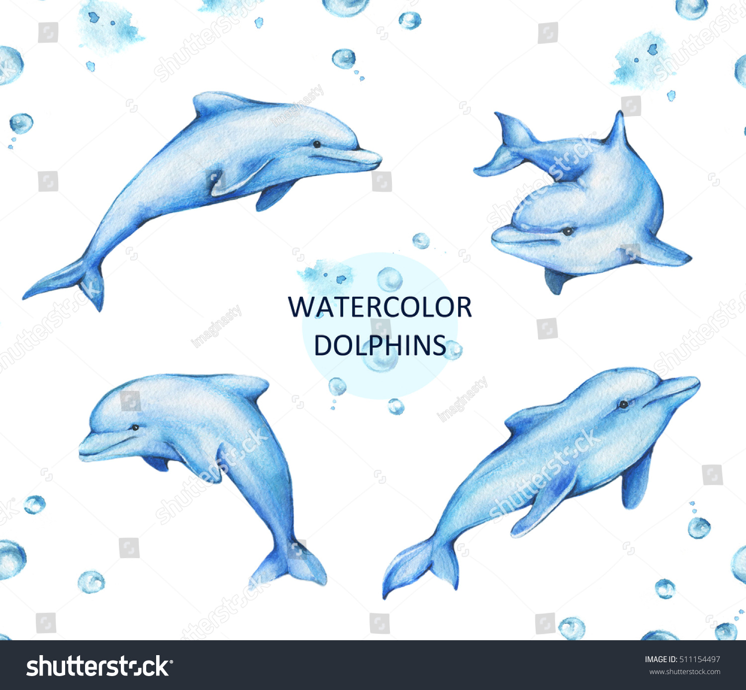 Hand Drawn Watercolor Illustration Dolphins Isolated Stock Illustration