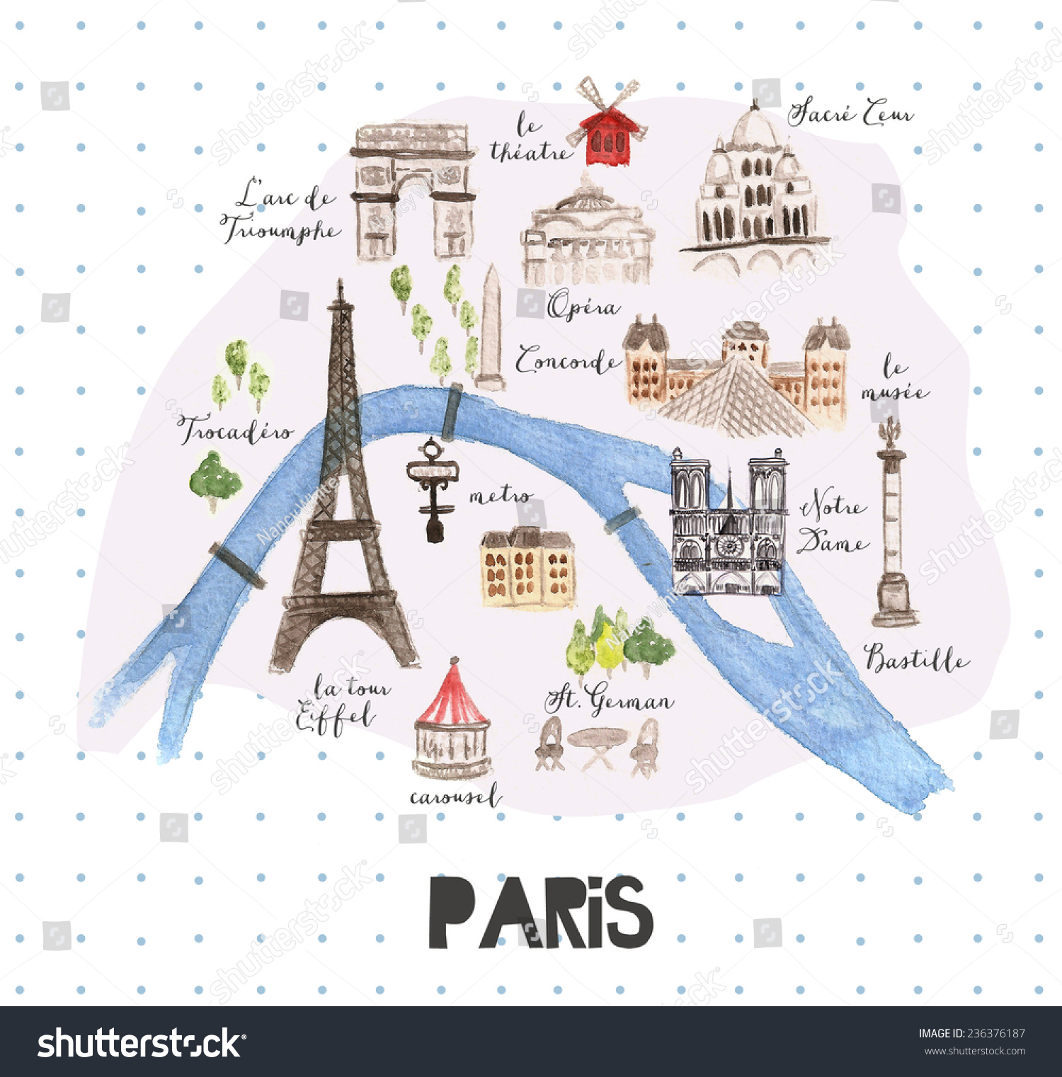 Hand Drawn Watercolor Paris Map With Famous Landmarks Stock Photo ...