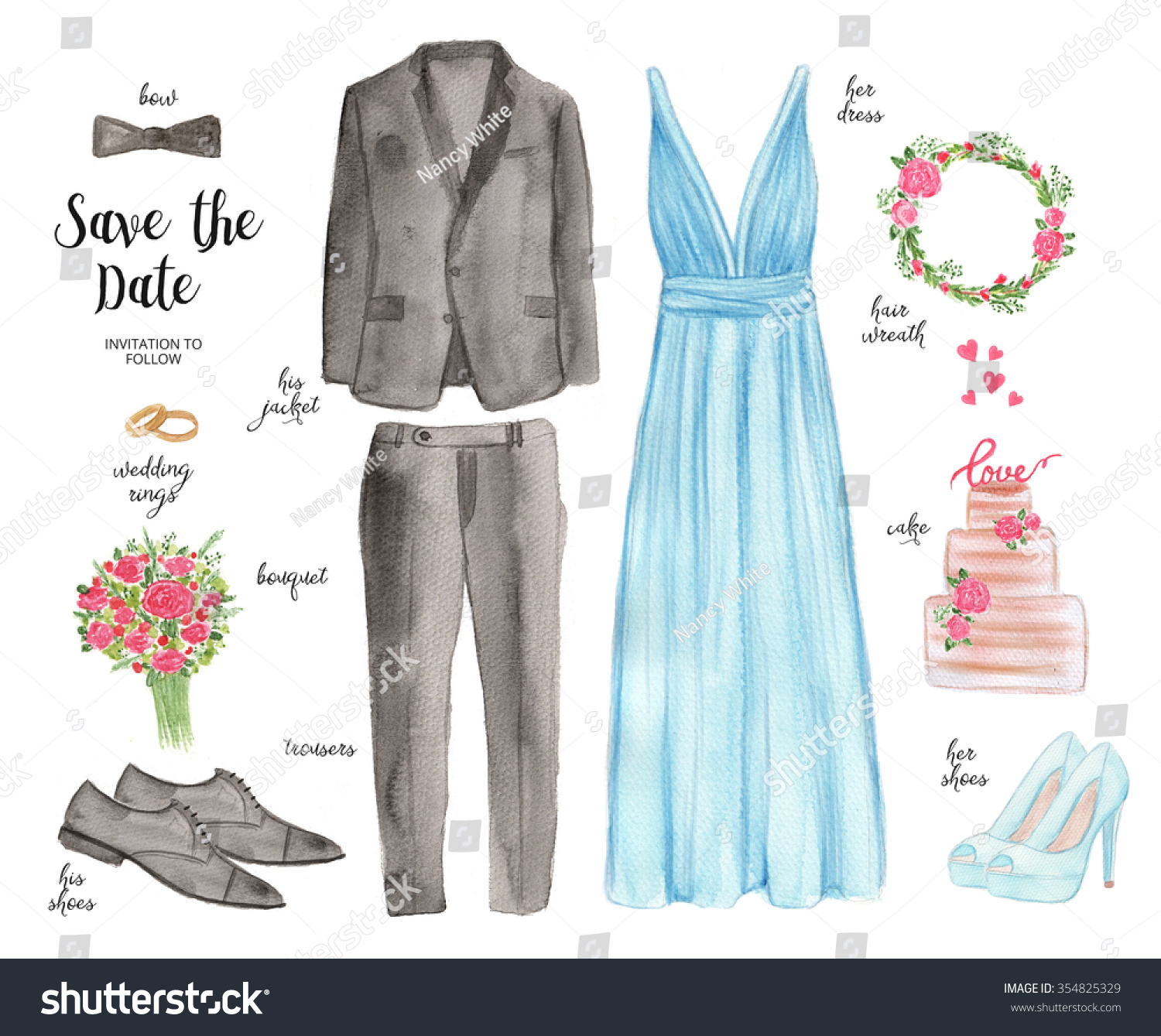 Hand Drawn Wedding Outfit Watercolor Set Stock Illustration 354825329