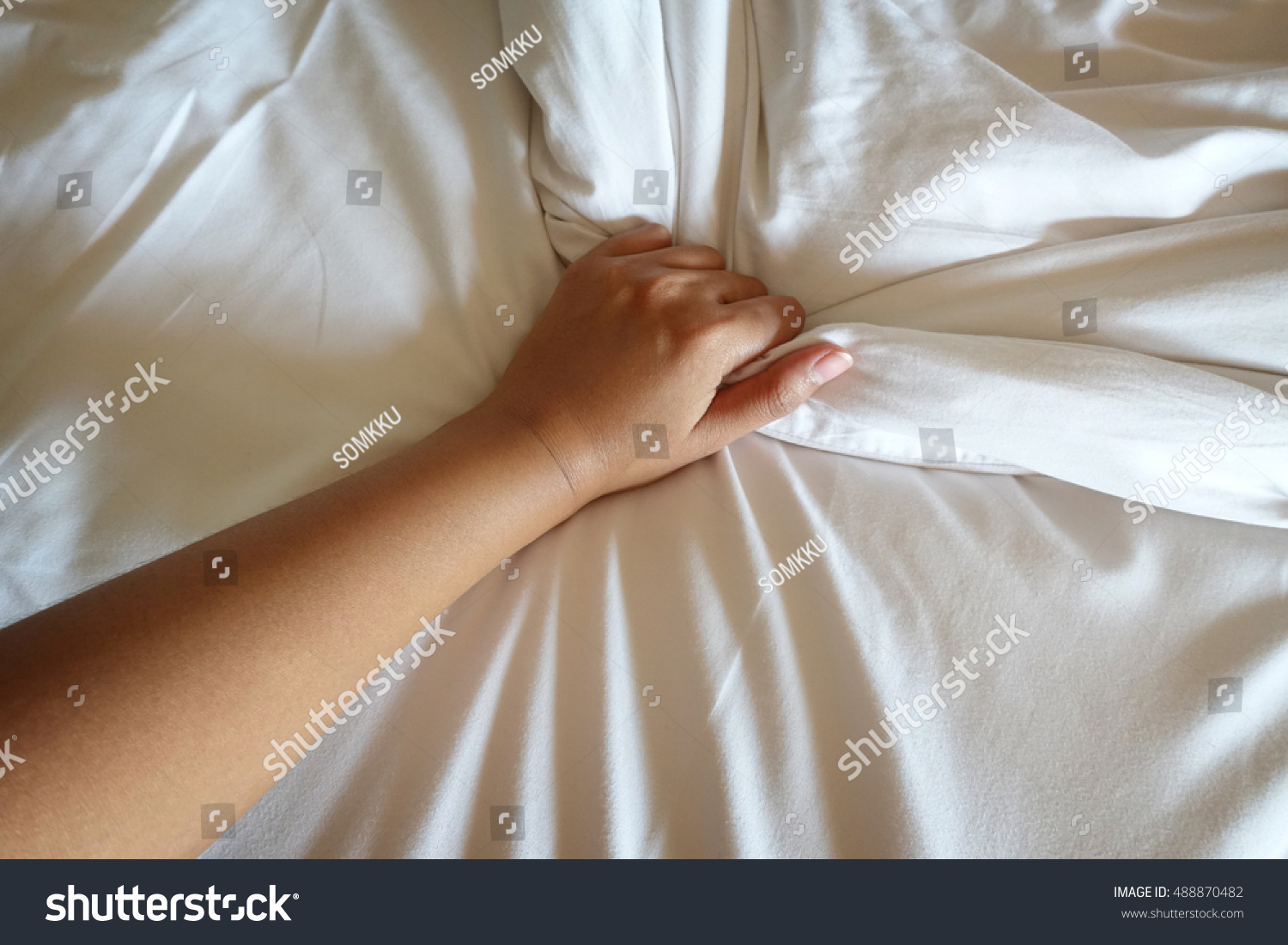 Hand Women Pulling White Sheets Ecstasy Stock Photo 488870482