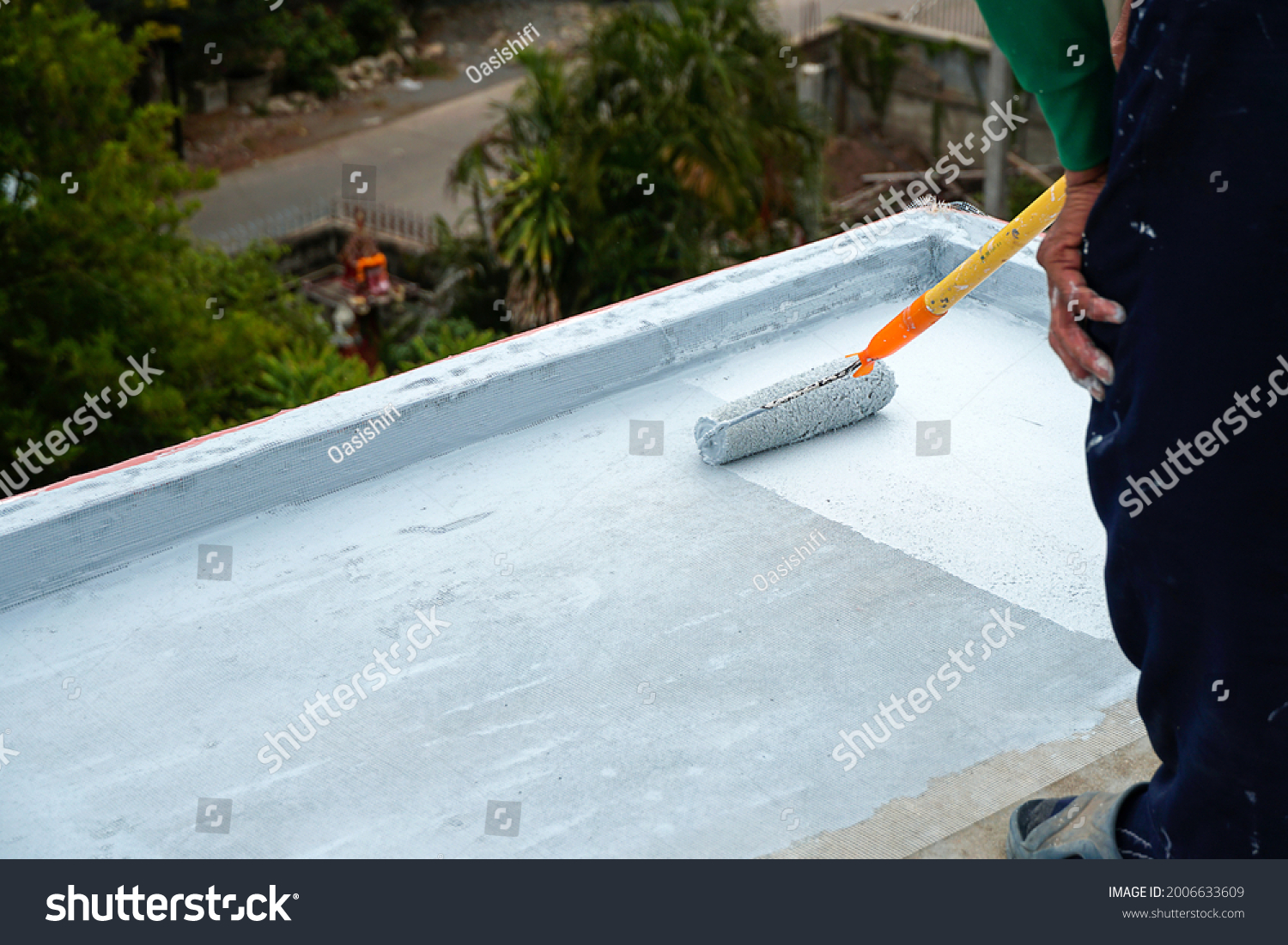 10 442 Insulation Paint Images Stock Photos Vectors Shutterstock   Stock Photo Hand Painted Gray Flooring With Paint Rollers For Waterproof Reinforcing Net Repairing 2006633609 