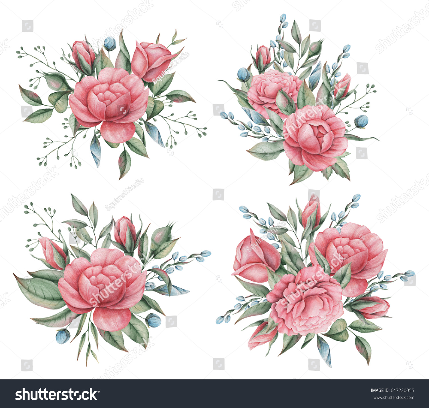 Hand Painted Watercolor Charming Combination Flowers Stock Illustration  647220055
