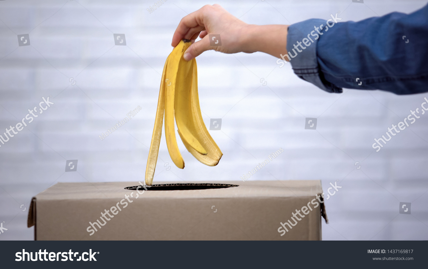 Hand Throwing Banana Peel Into Trash Stock Photo 1437169817 Shutterstock   Stock Photo Hand Throwing Banana Peel Into Trash Bin Recycling Waste Sorting Closeup 1437169817 