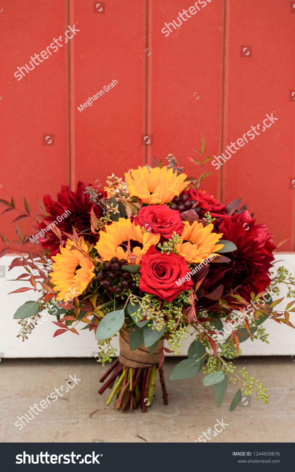 sunflower and red rose wedding bouquets