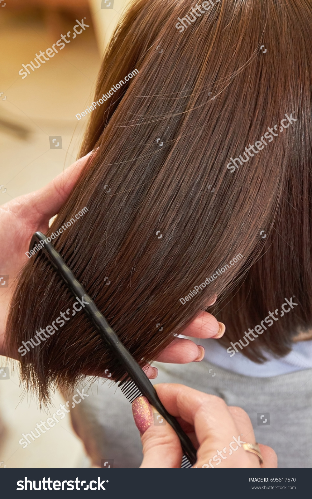 Hand Comb Brushing Hair Female Hair Stock Photo 695817670