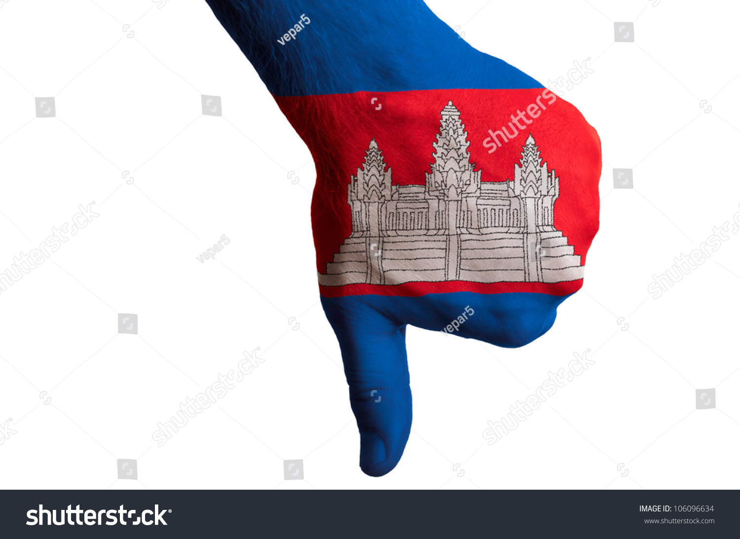 Hand With Thumb Down Gesture In Colored Cambodia National Flag As ...