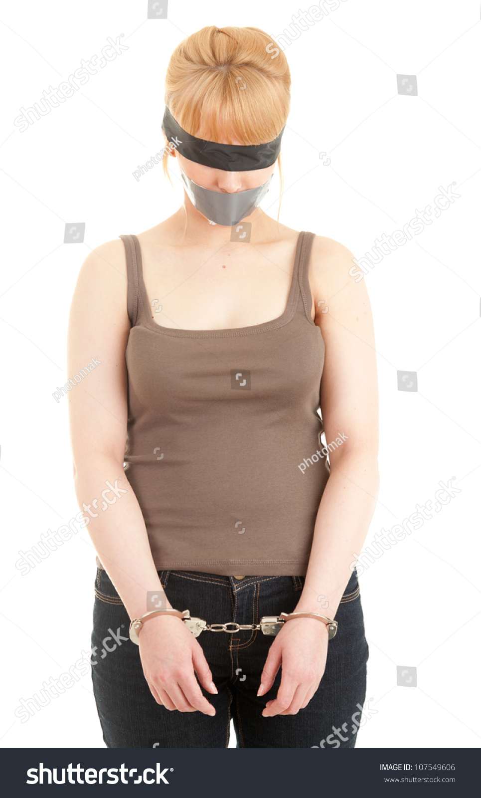 Handcuffed Kidnapped Young Woman, Hostage, On The White Background ...