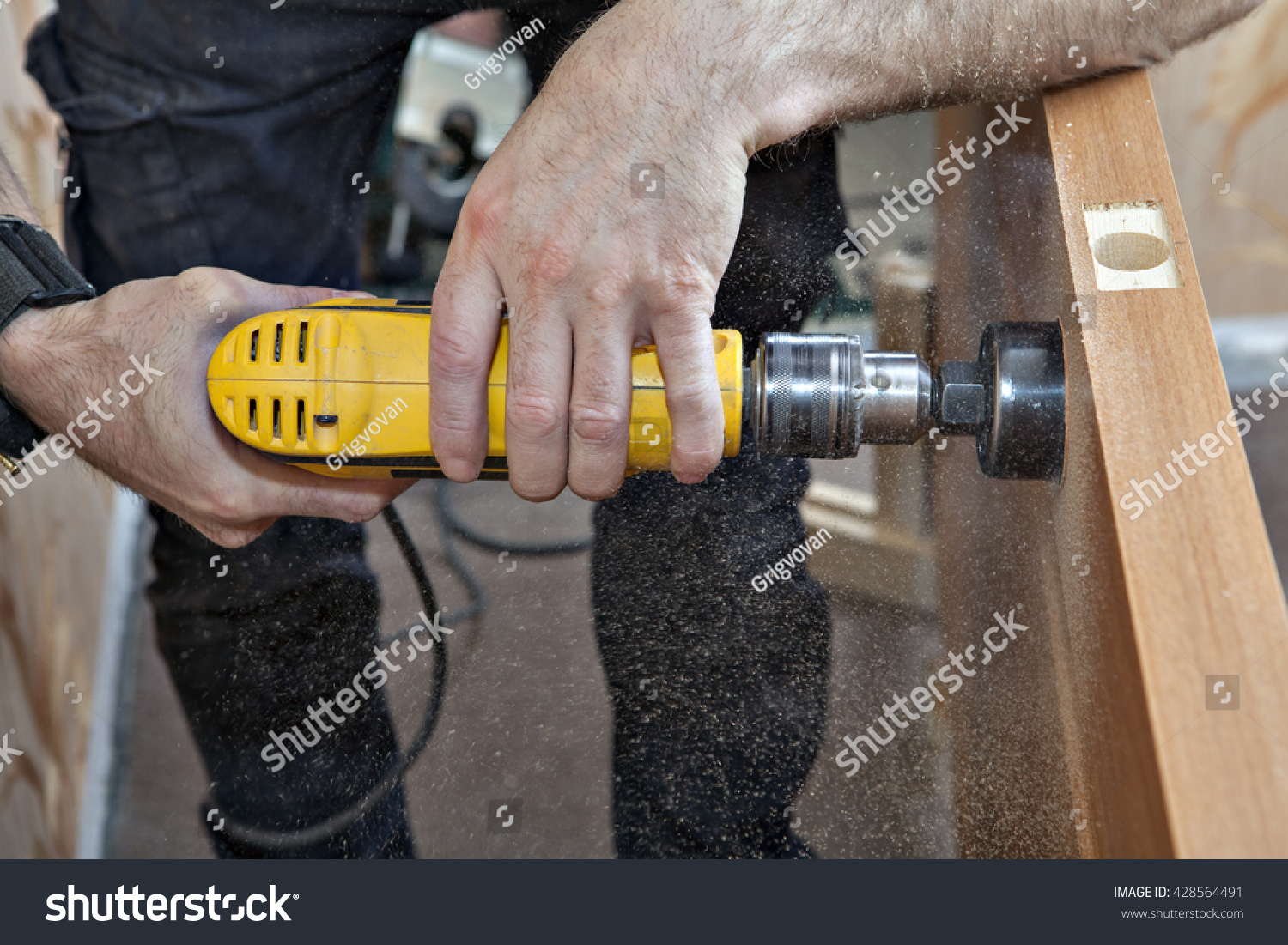 Hands Woodworker Yellow Electric Drill Boring Stock Image