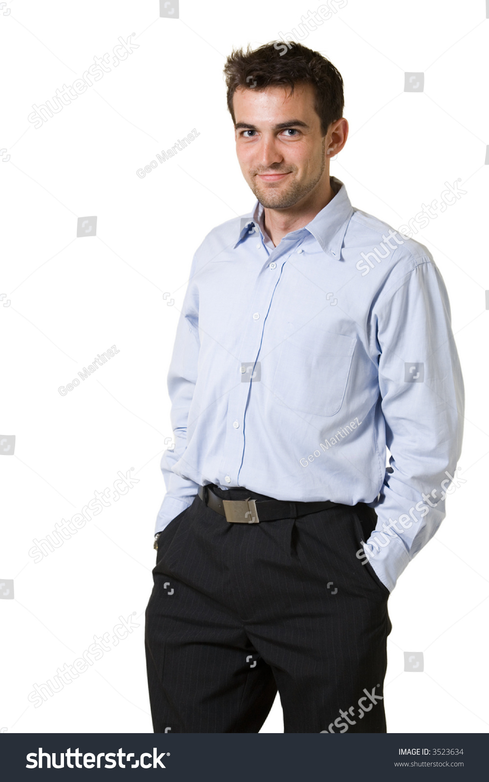 Handsome Brunette Young Smiling Man Wearing Blue Dress Shirt With Hands ...