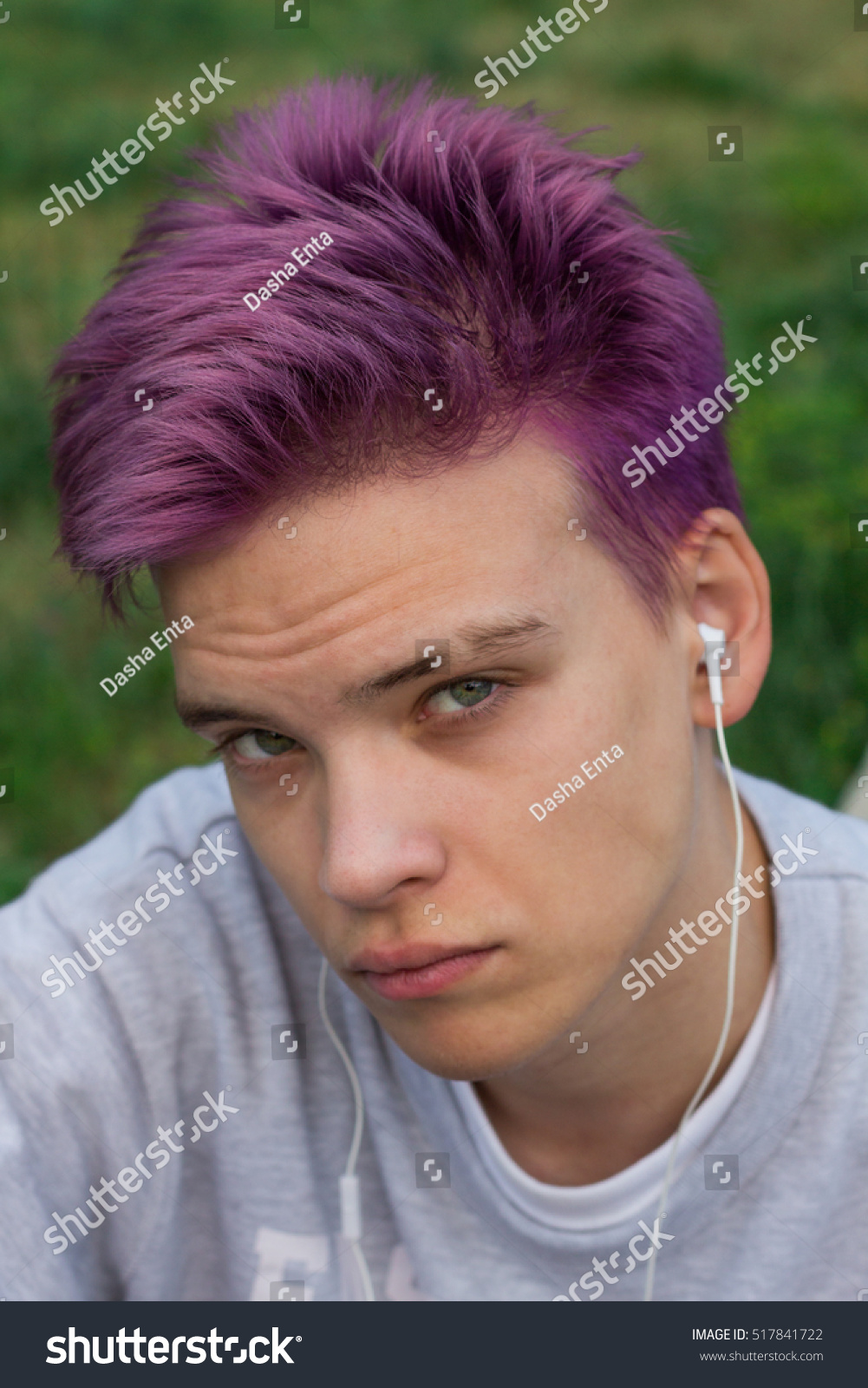 Handsome Guy Purple Hair Listening Music Royalty Free Stock Image