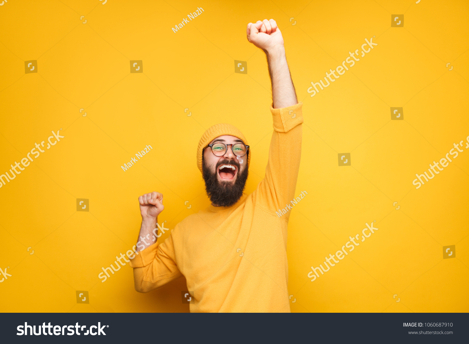 Handsome Hipster Man Yellow Holding Hands Stock Photo 1060687910