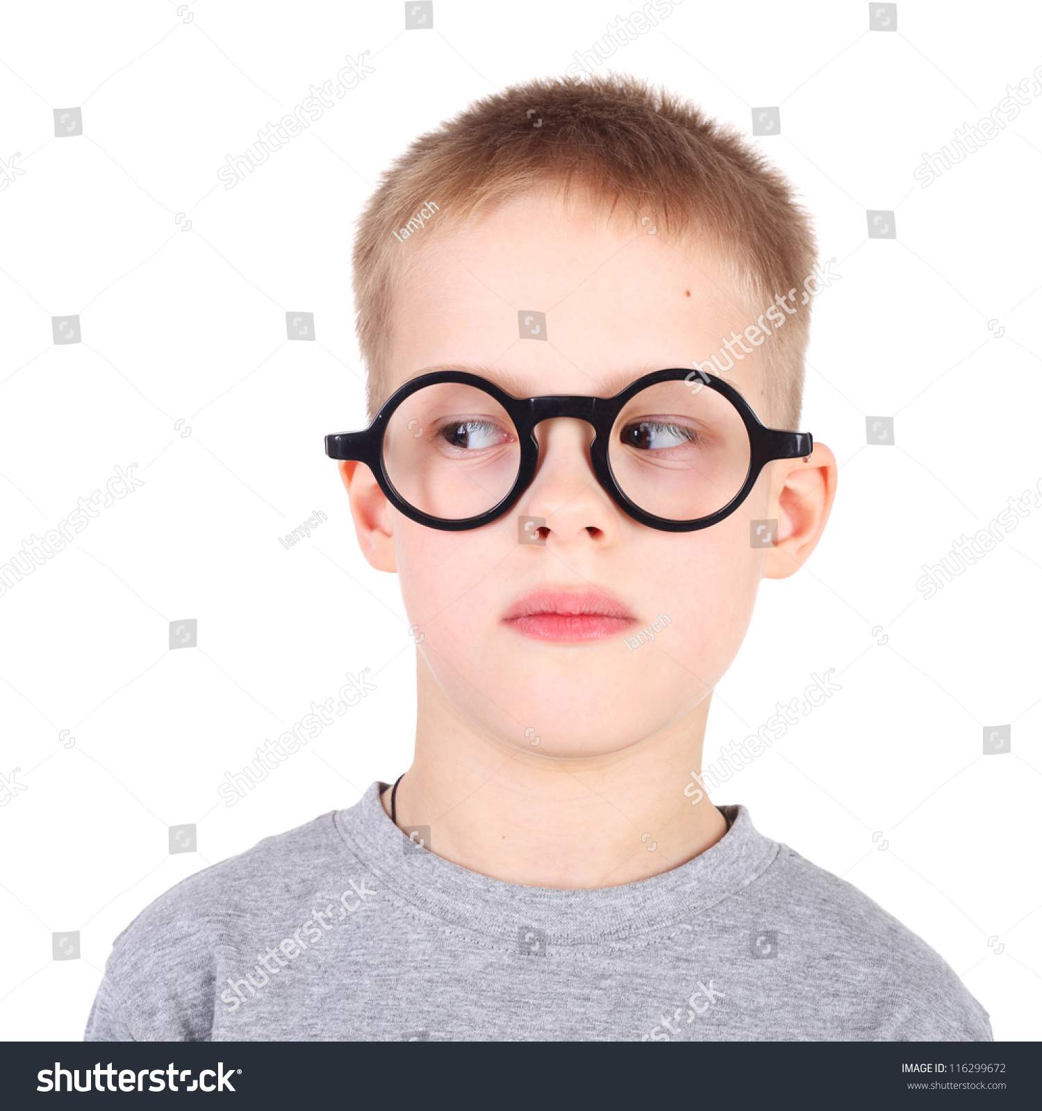 Handsome Little Boy In The Round Glasses Looking To The Left Stock ...