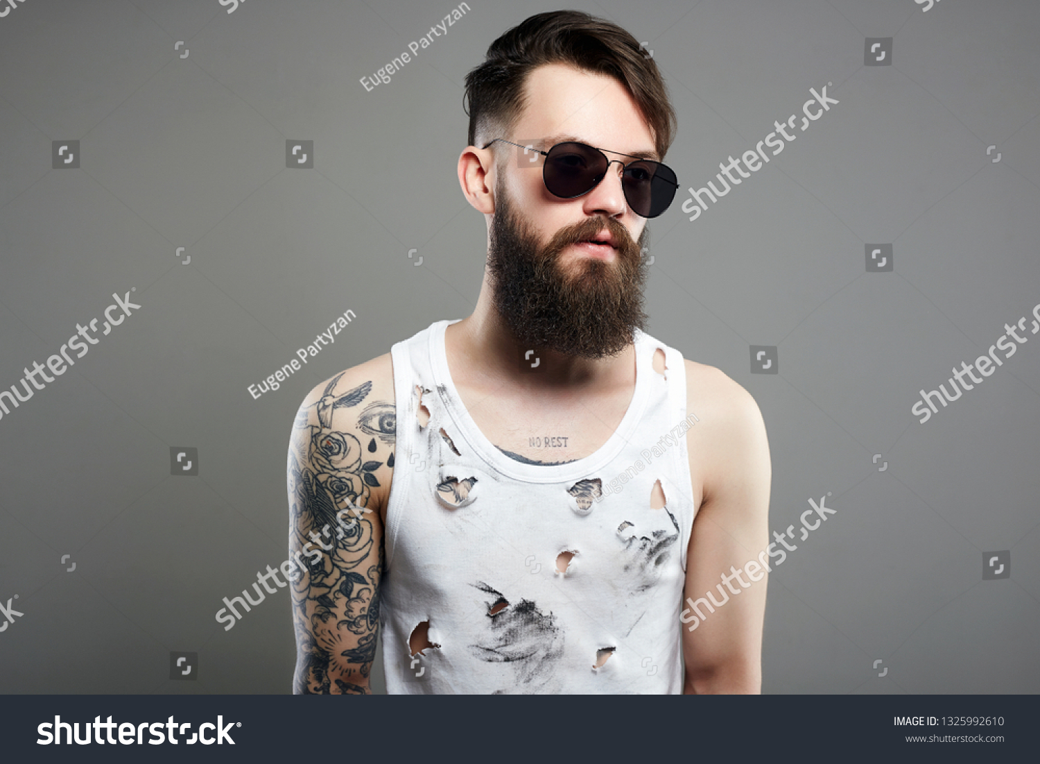 Handsome Man Sunglasses Brutal Bearded Hipster Stock Photo Edit