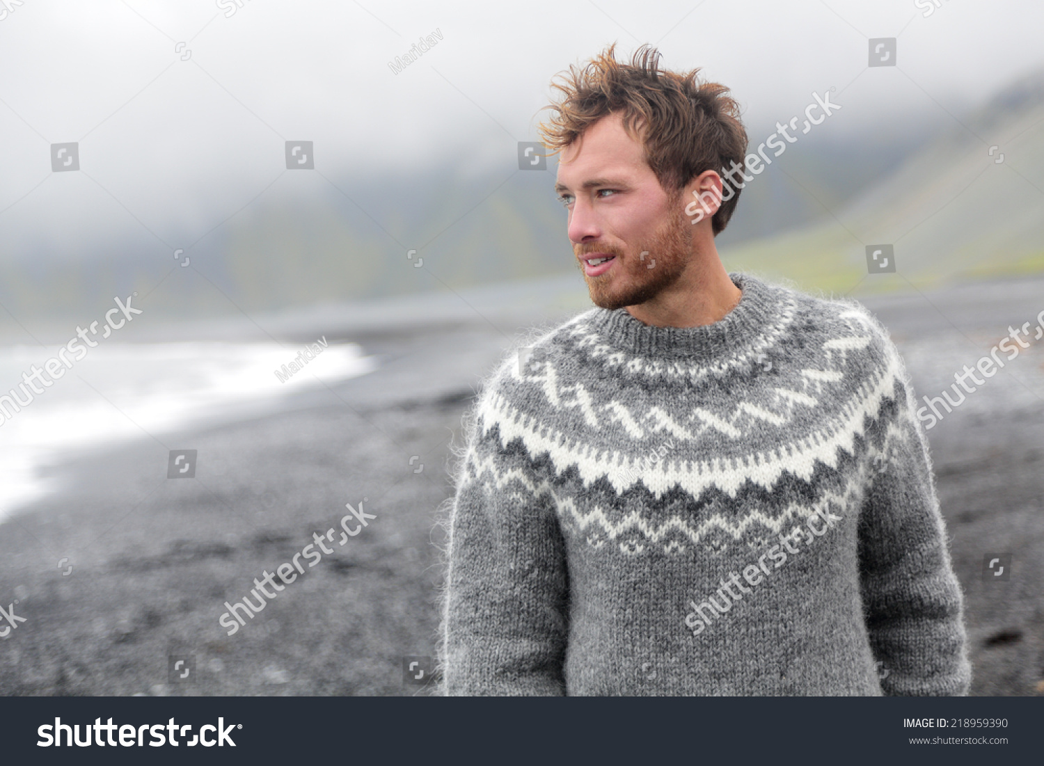 Handsome Man Walking Black Sand Beach On Iceland Wearing Icelandic ...