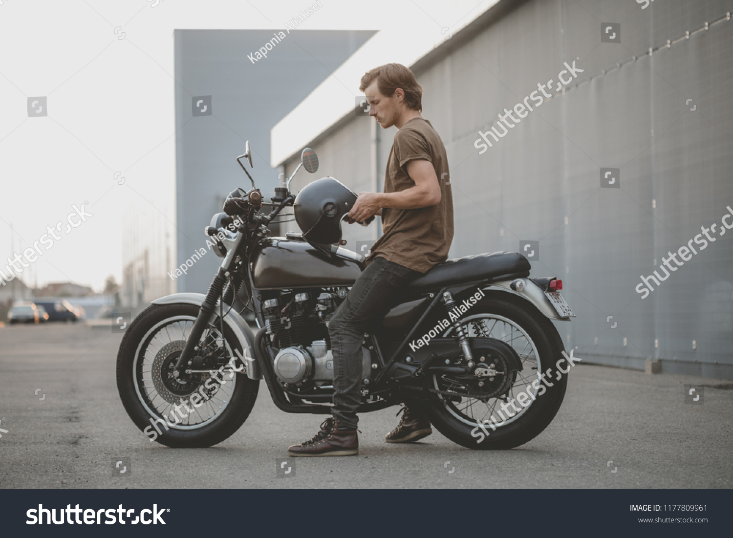 Handsome Rider Biker Guy Wearing Black Stock Photo Edit Now 1177809961