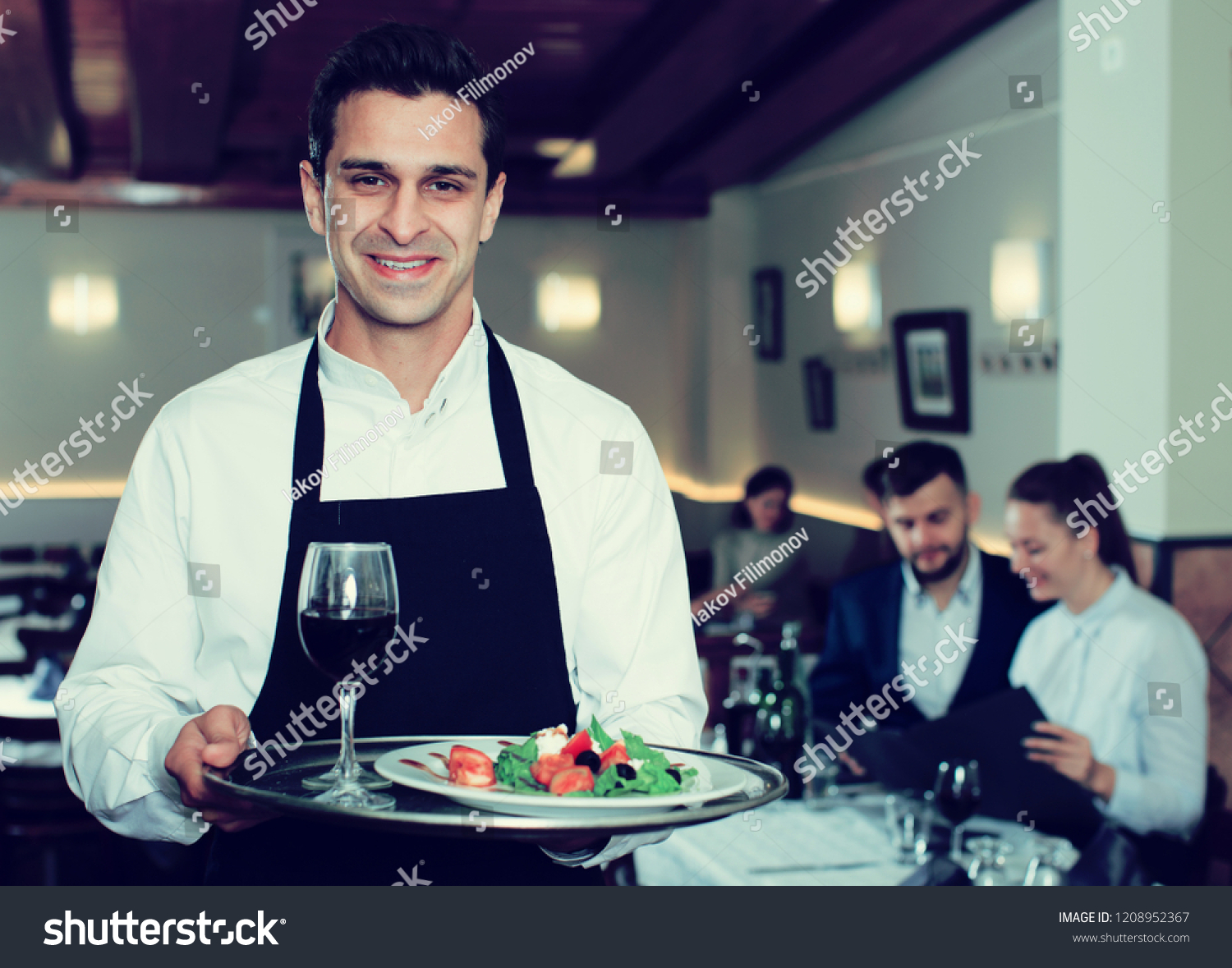 Handsome Waiter Serving Tray Welcoming Restaurant Stock Photo (Edit Now ...