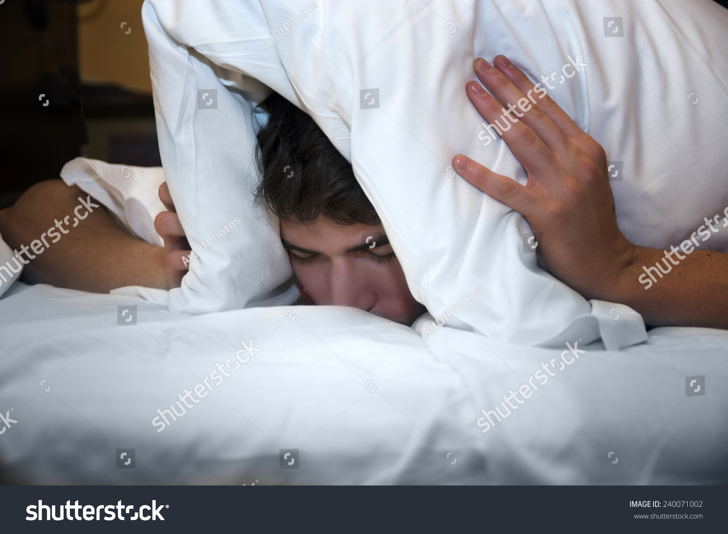 Handsome Young Male Insomniac Covering His Stock Photo (Edit Now) 240071002