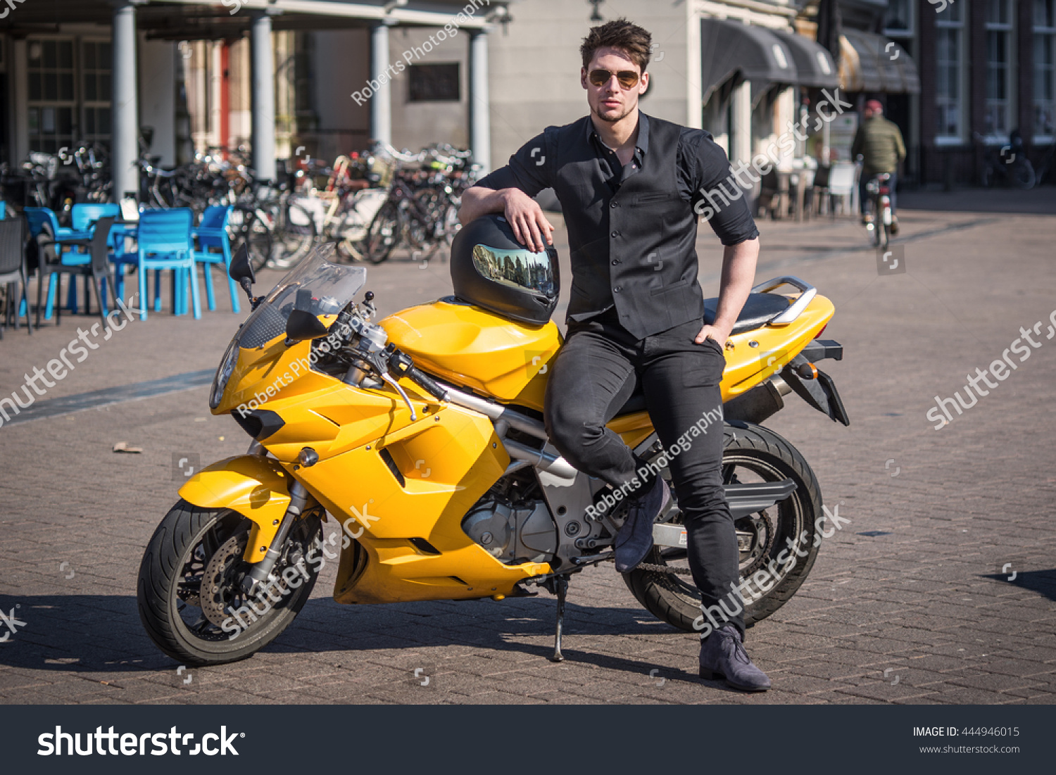 Handsome Young Man Posing Yellow Motorcycle Stock Photo Edit Now