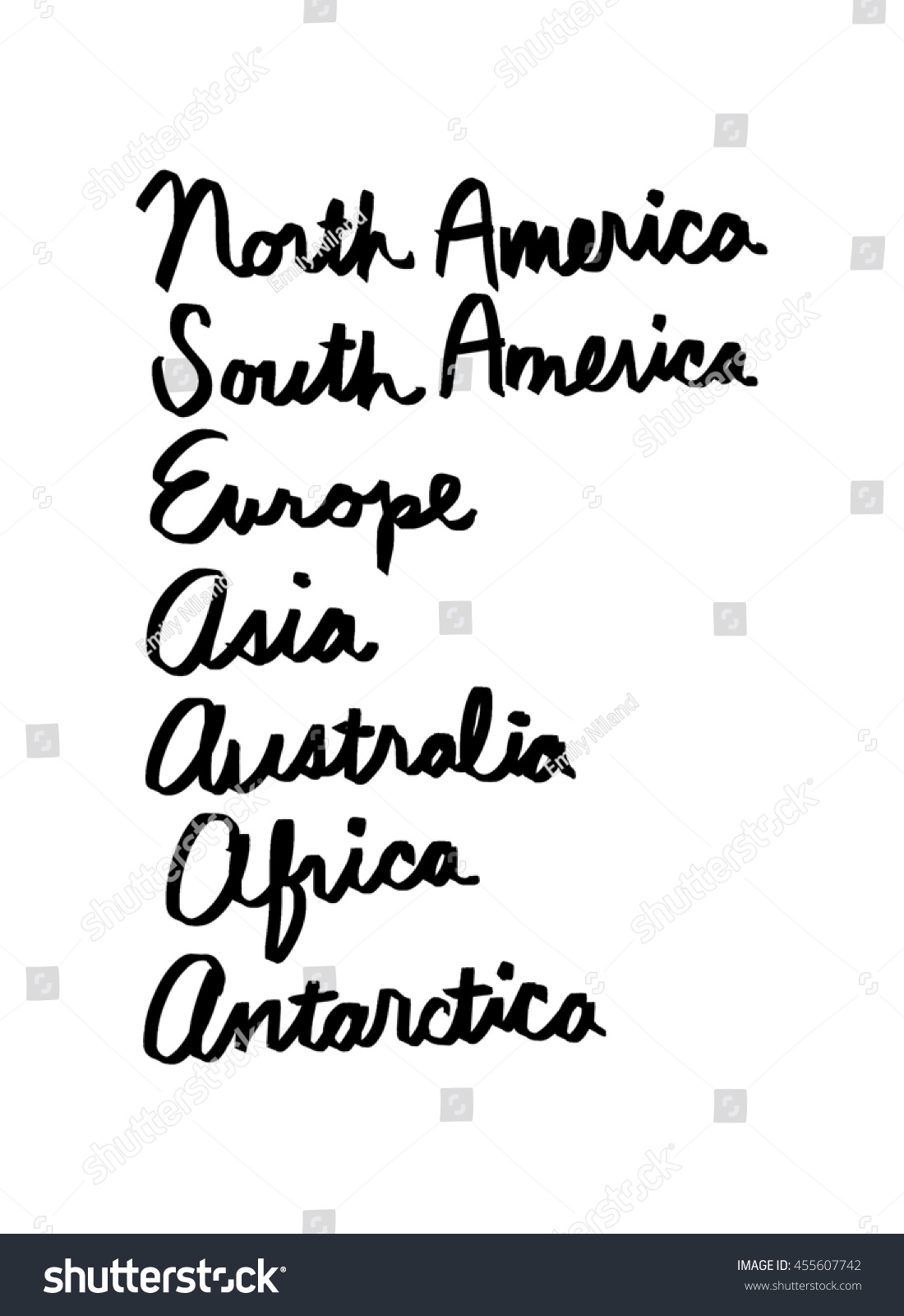 Handwritten Names Seven Continents Stock Illustration