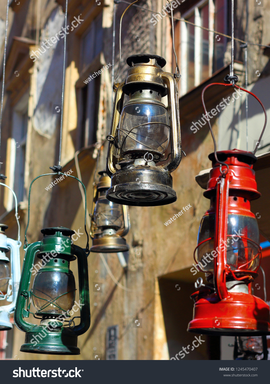 Hanging Colorful Vintage Gas Lamps Outdoor Vintage Stock Image 1245470407