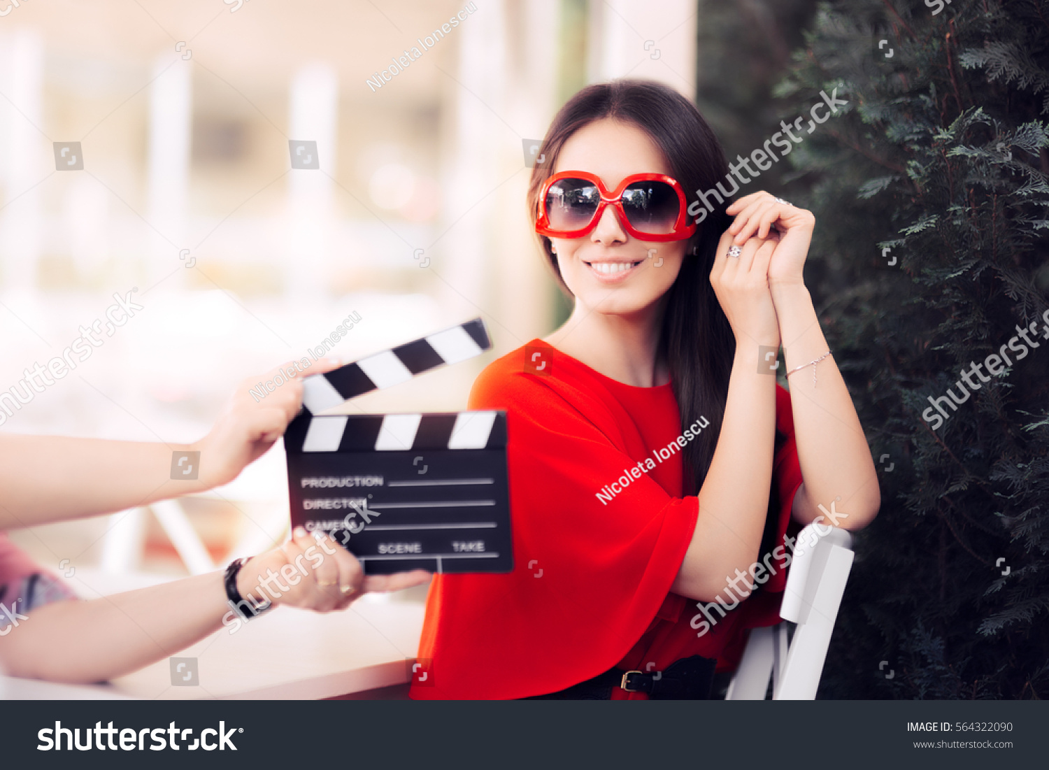 Happy Actress Oversized Sunglasses Shooting Movie Stock Photo 564322090 ...