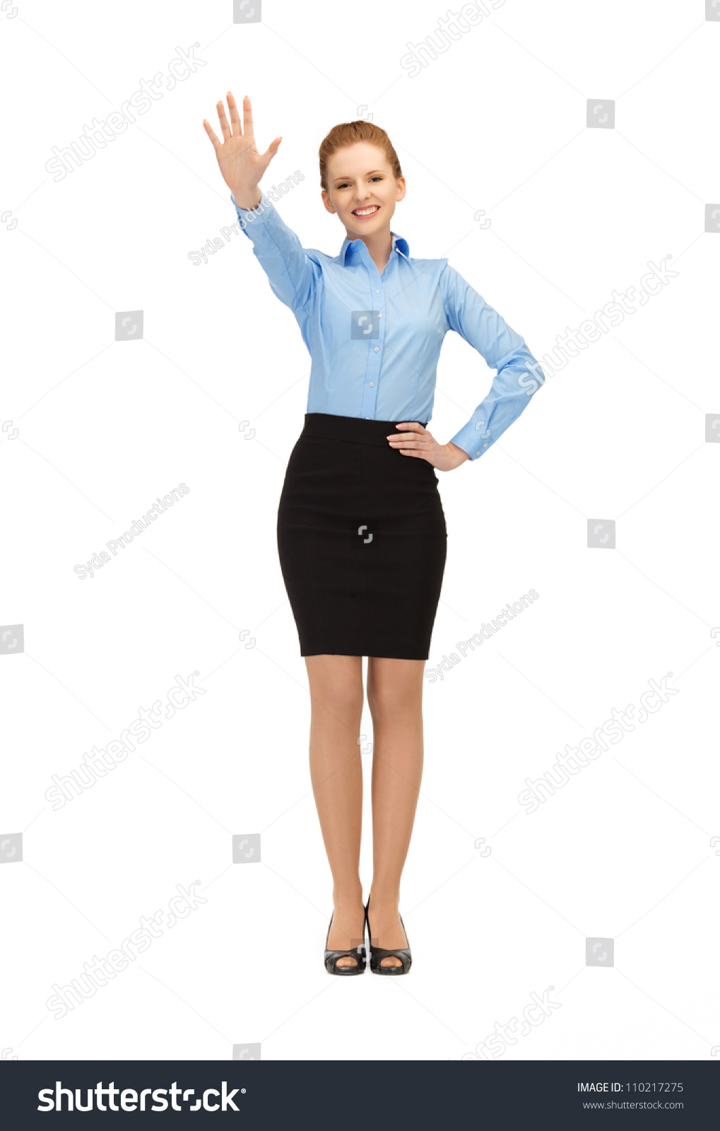 Happy Smiling Stewardess Making Greeting Gesture Stock Photo 110217275