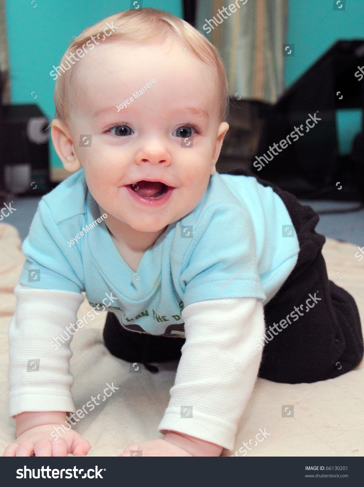 Happy Baby Boy Blonde Hair Blue Stock Photo Edit Now 66130201