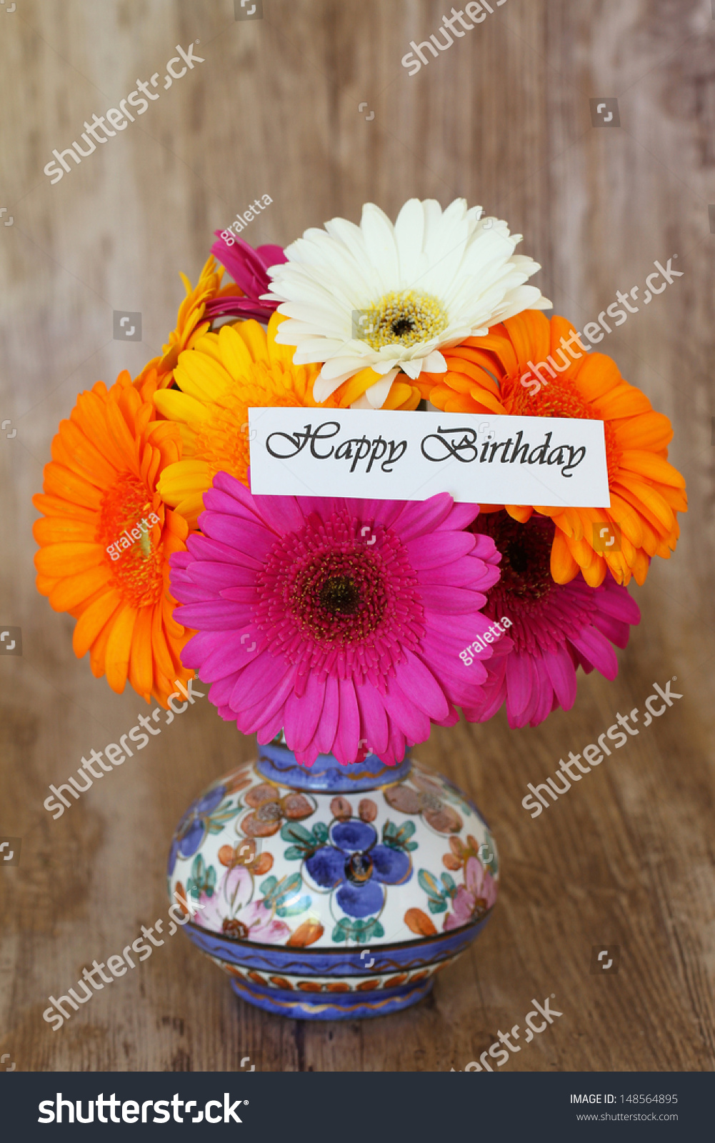 Happy Birthday Card And Colorful Bouquet Of Gerbera Daisies In Vintage ...
