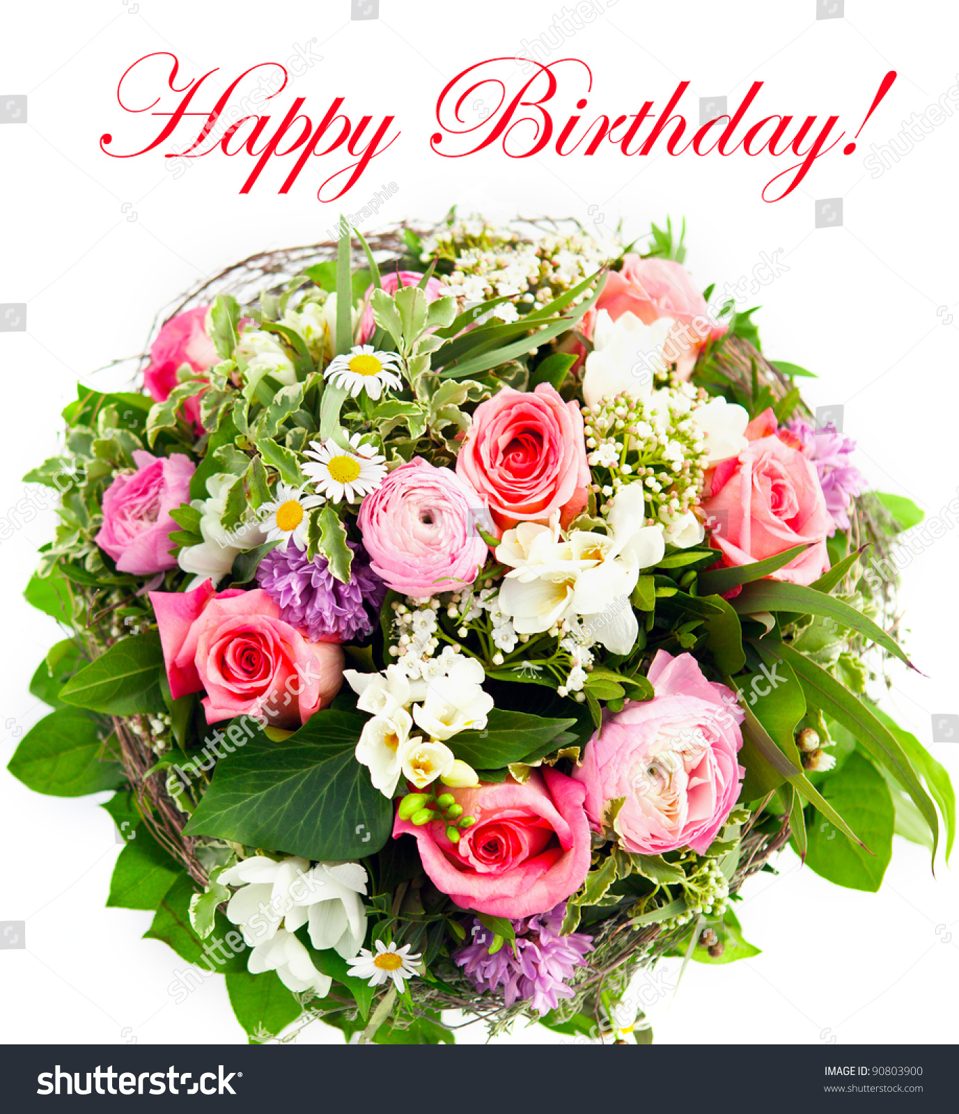 Happy Birthday Colorful Spring Flowers Bouquet Stock Photo 90803900 ...