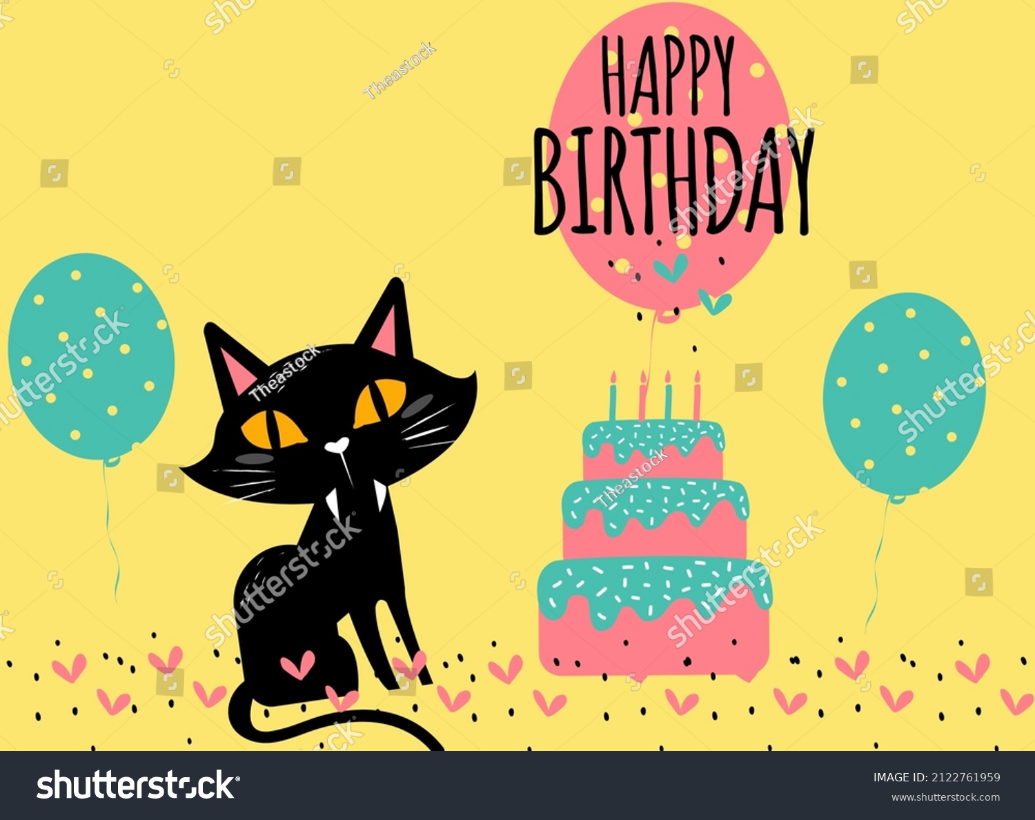 Happy Birthday Greeting Card Black Cat Stock Illustration 2122761959 ...