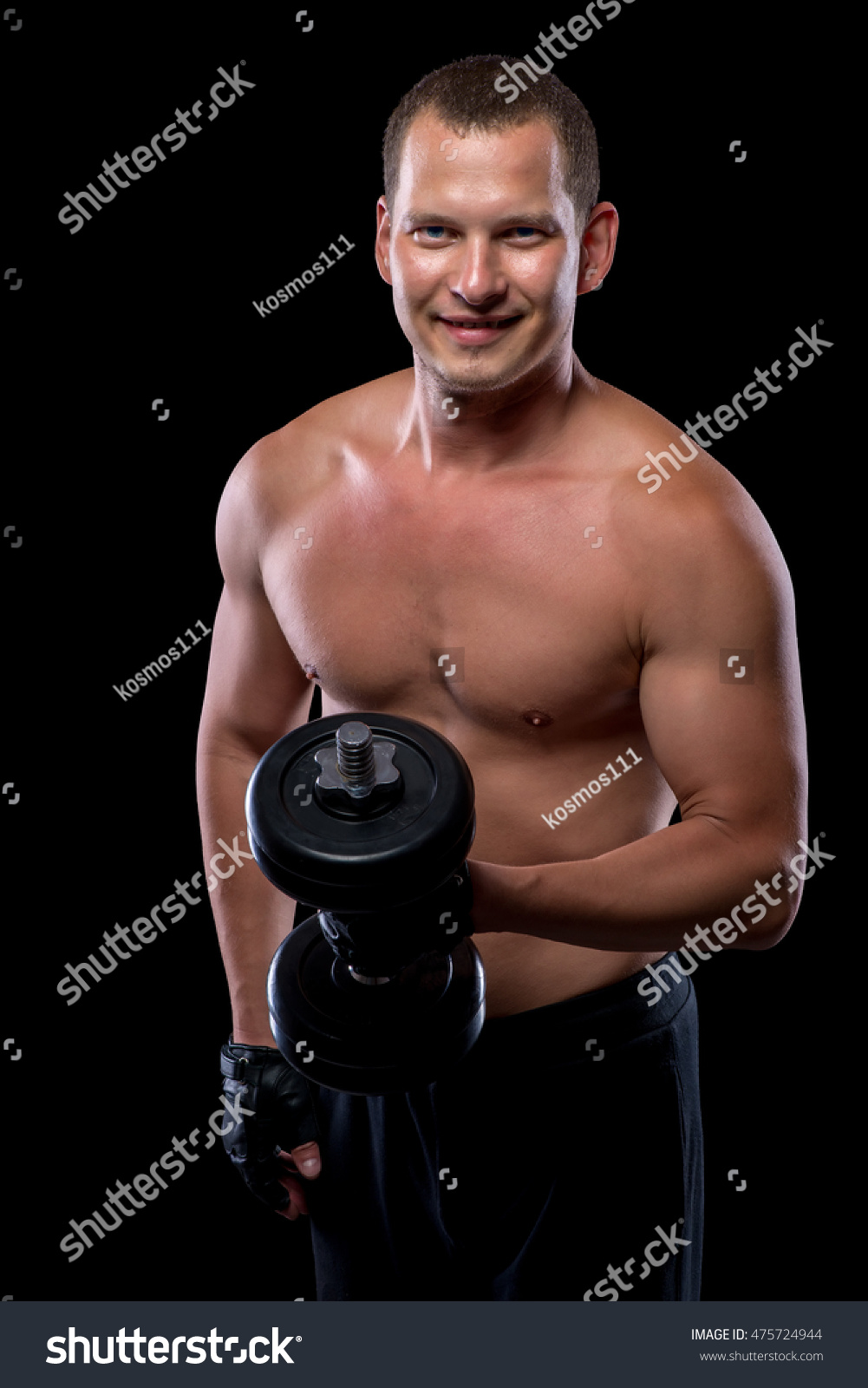 Happy Bodybuilder Dumbbell Naked Torso Shutterstock