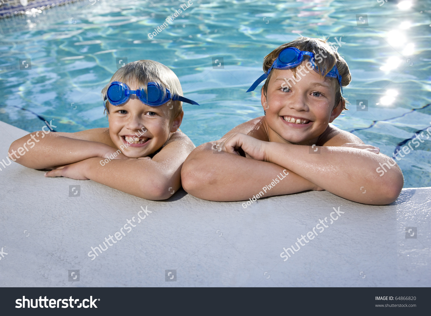 Happy Boys Hanging On Side Of Swimming Pool, 7 And 9 Years Stock Photo ...