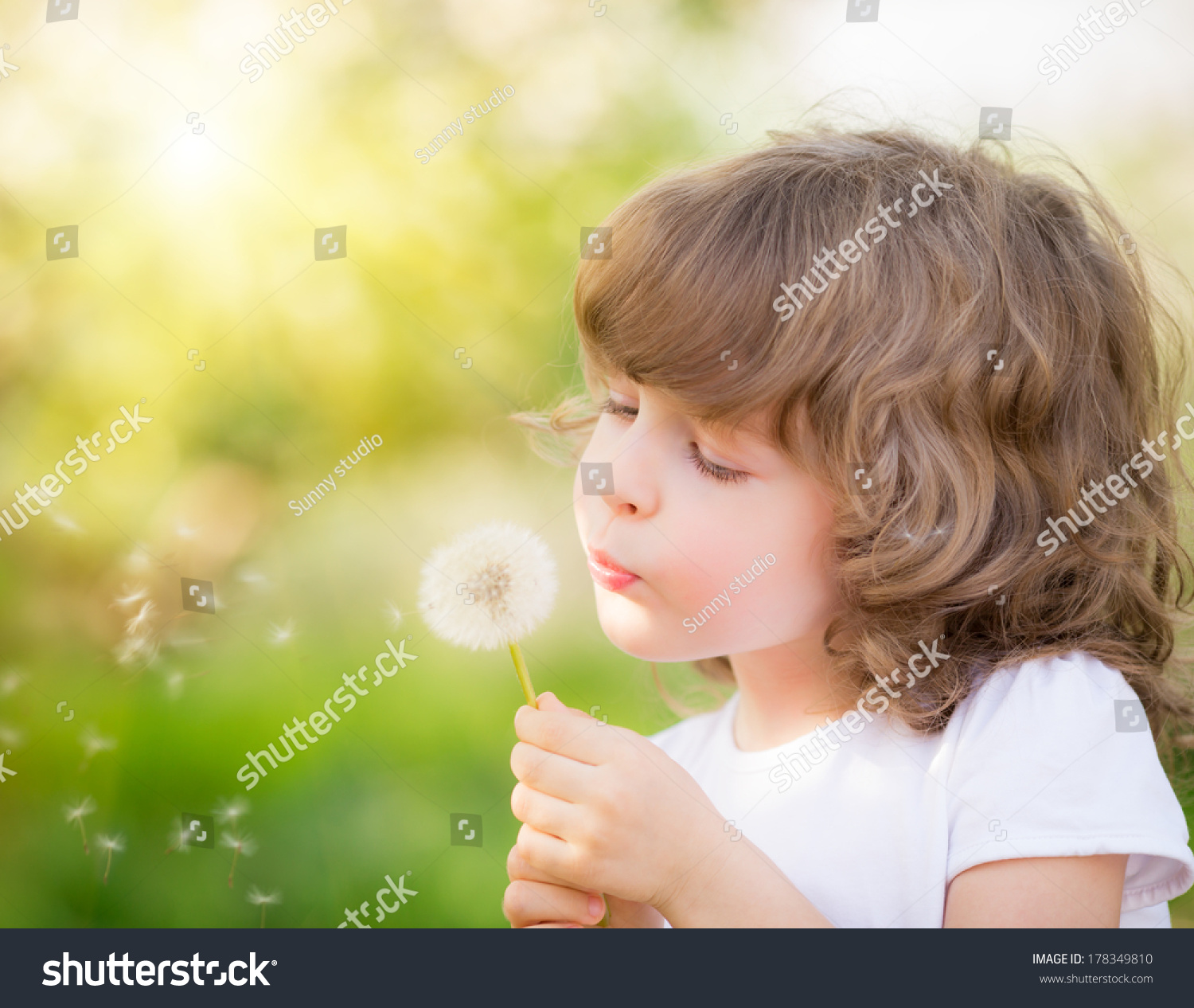 Happy Child Blowing Dandelion Outdoors Spring Stock Photo 178349810 ...