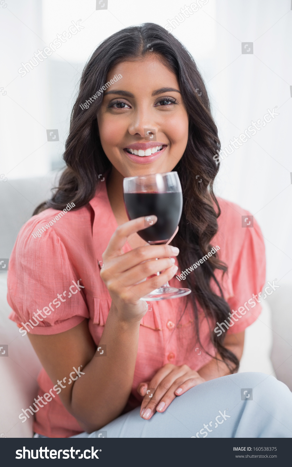 Happy Cute Brunette Sitting On Couch Stock Photo 160538375 | Shutterstock