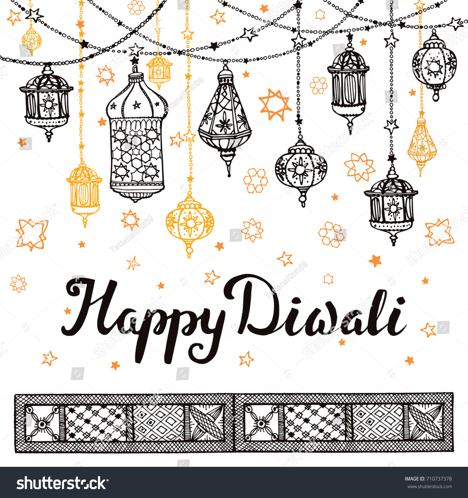 Happy Diwali Festival Traditional Hanging Lamp Doodle Stock