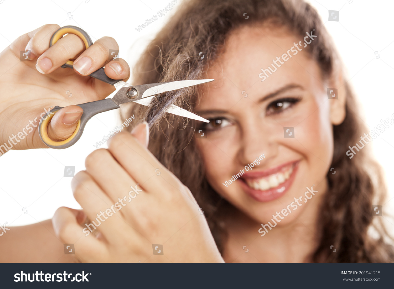 Happy Girl Cuts  Her  Hair  Scissors  Stock Photo 202041215 