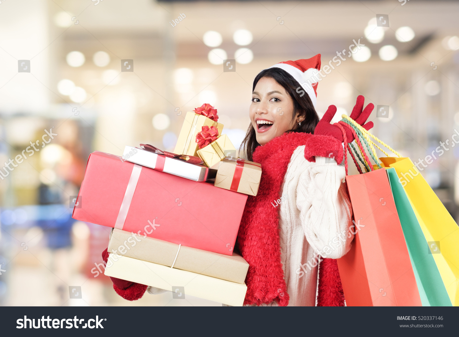 Happy Girl Shopping Christmas Gifts Shopping Stock Photo ...