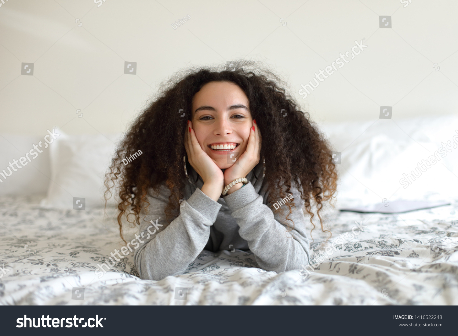 Happy Joyful Girl Portrait Relaxing Bed Stock Photo Edit Now