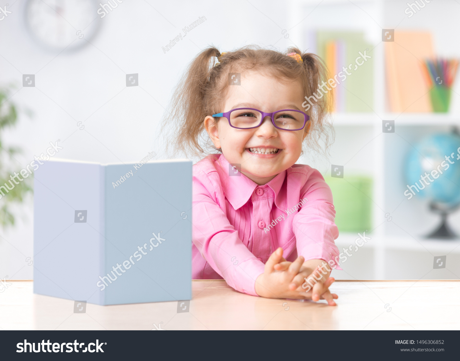 Happy Kid Girl Eyeglasses Reading Standing Stock Photo (Edit Now ...