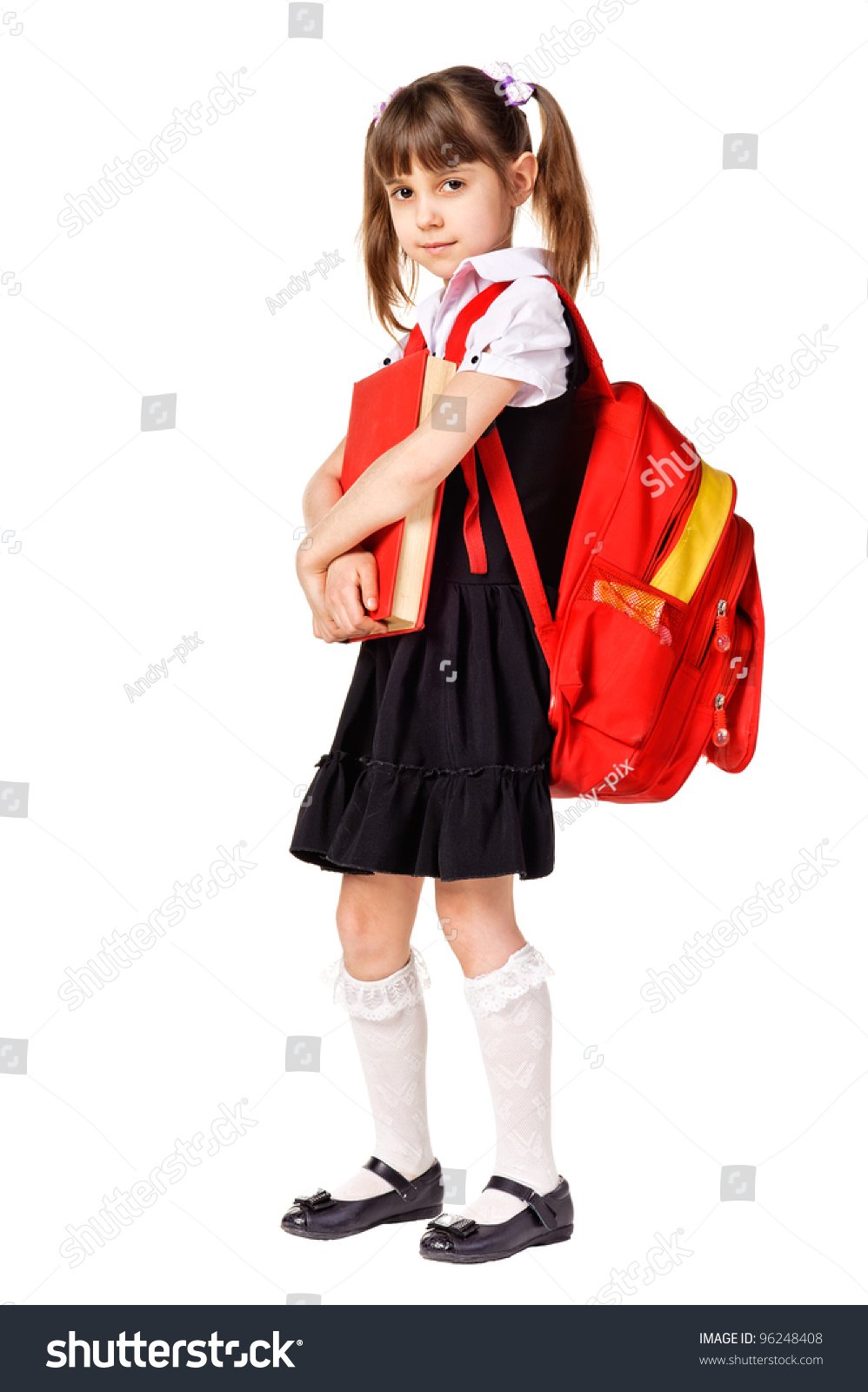 Happy Little Schoolgirl Backpack Book Isolated Stock Photo 96248408 ...