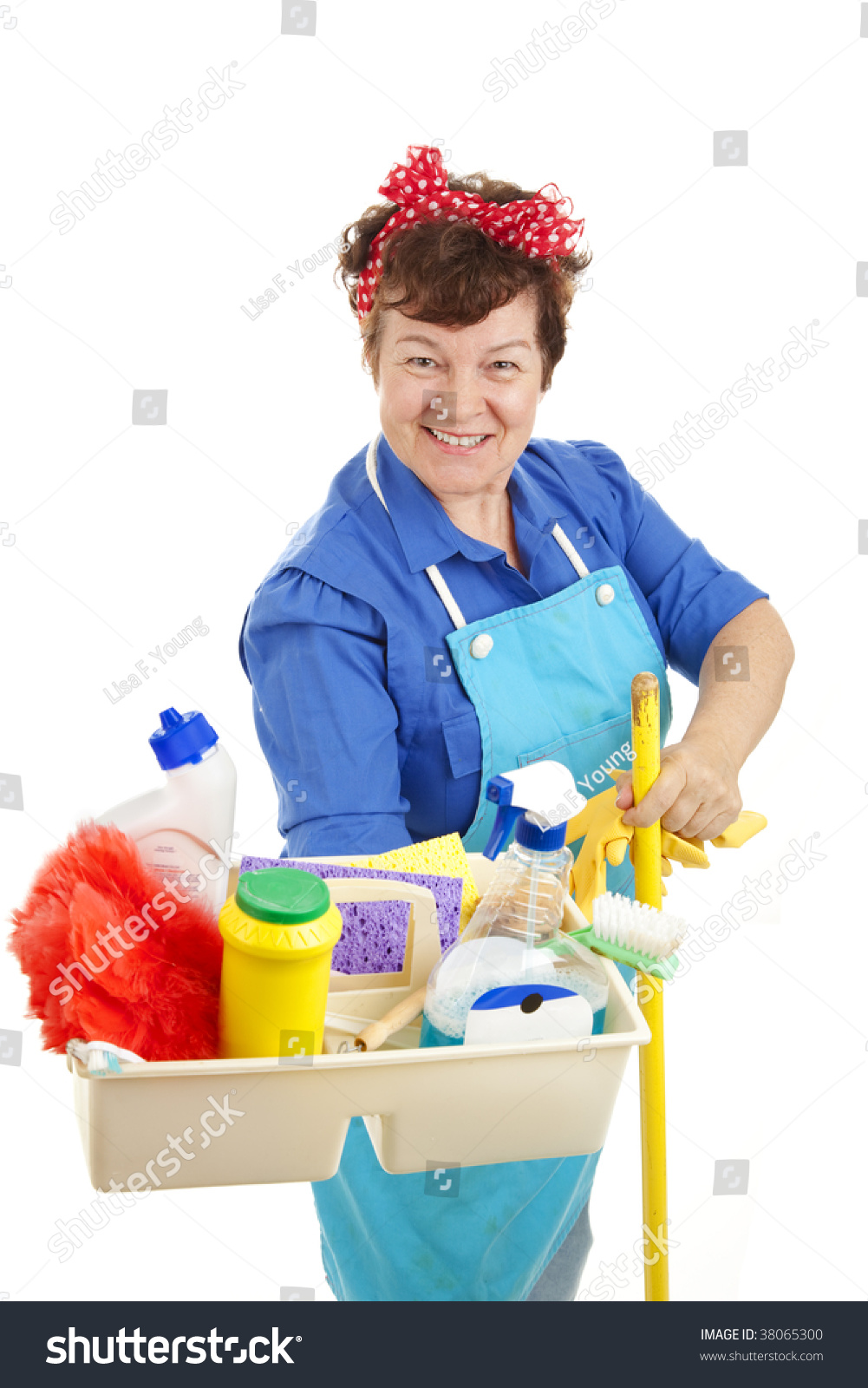 Happy Maid With Her Tray Of Cleaning Supplies, Ready To Serve You ...