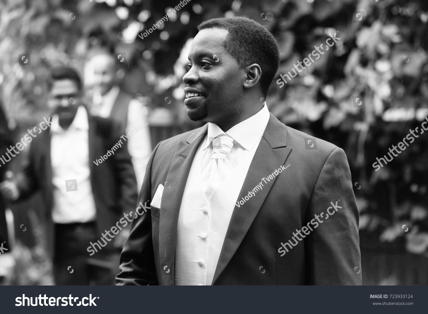 Happy Man African American Groom In Elegant Suit Coat For Wedding