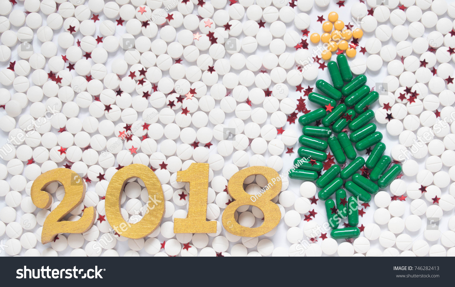Happy New Year 2018 for medical and health concept Christmas tree made form green medical