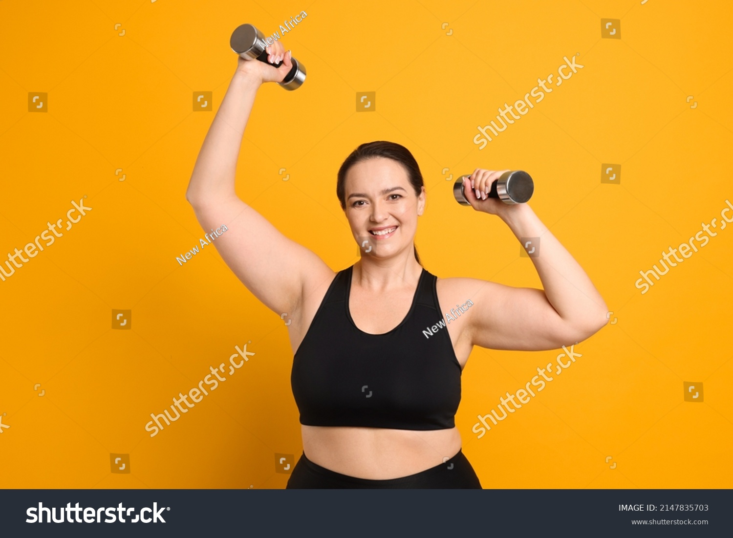 Happy Overweight Woman Doing Exercise Dumbbells Stock Photo 2147835703 ...