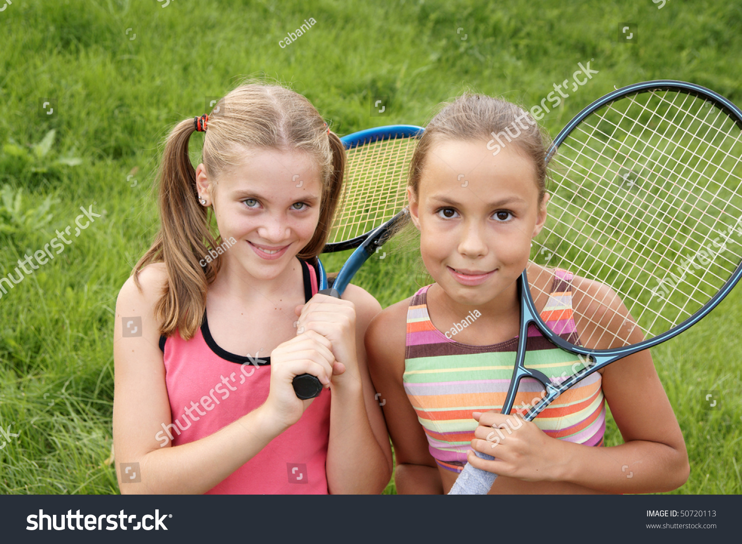 Happy Preteen Girls Sport Outfits Tennis Stock Photo 
