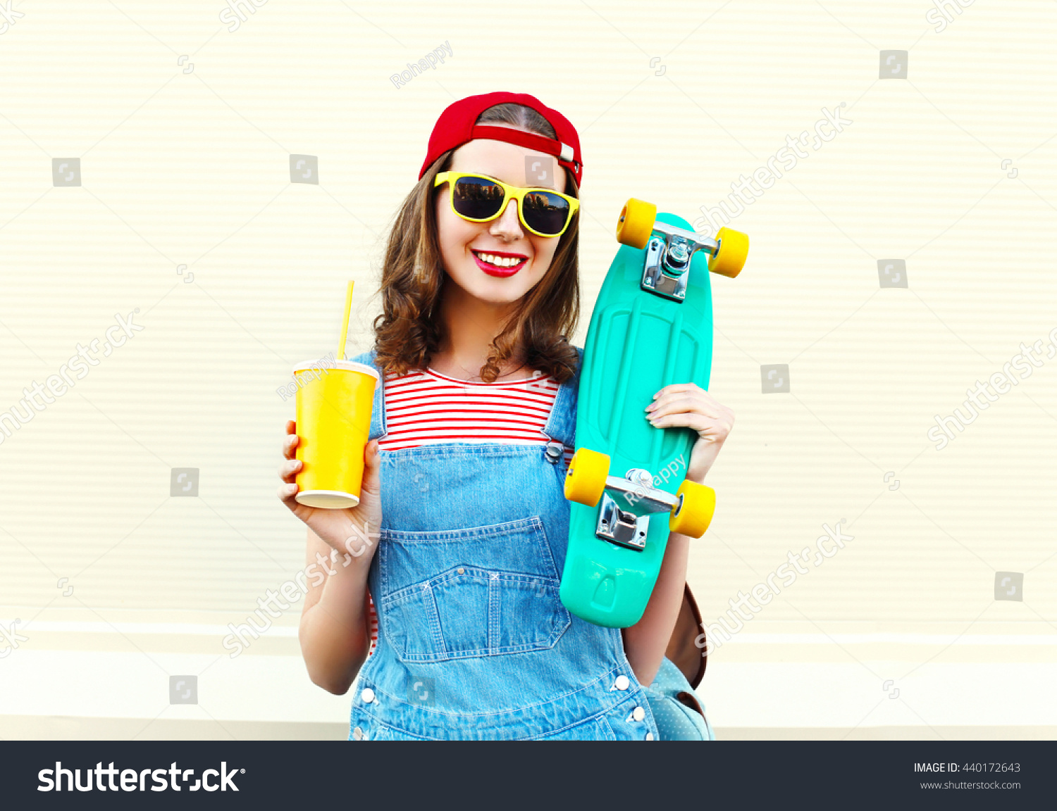 Happy Pretty Cool Smiling Woman With Cup And Skateboard Over White ...